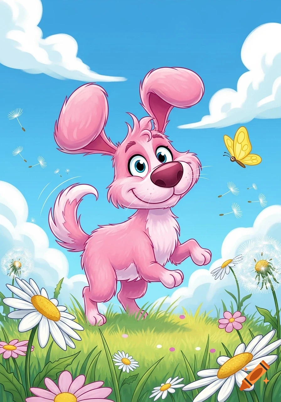 A happy pink cartoon dog with big ears smiles in a vibrant green meadow filled with white and pink flowers, dandelions, and a yellow butterfly under a blue sky with white clouds.