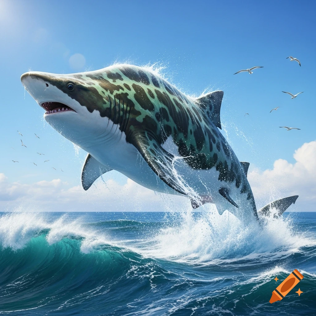 A large, mottled shark with green and black spots breaches from the blue ocean, surrounded by white spray, under a clear sky with seagulls.