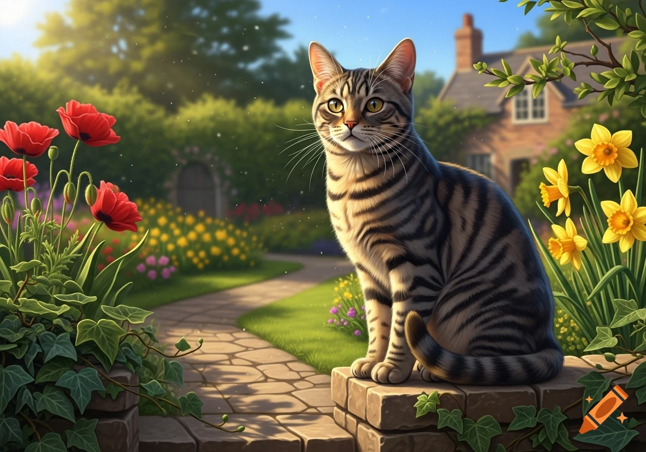 A tabby cat sits on a stone wall in a sunlit garden with red poppies, yellow daffodils, and a rustic cottage.