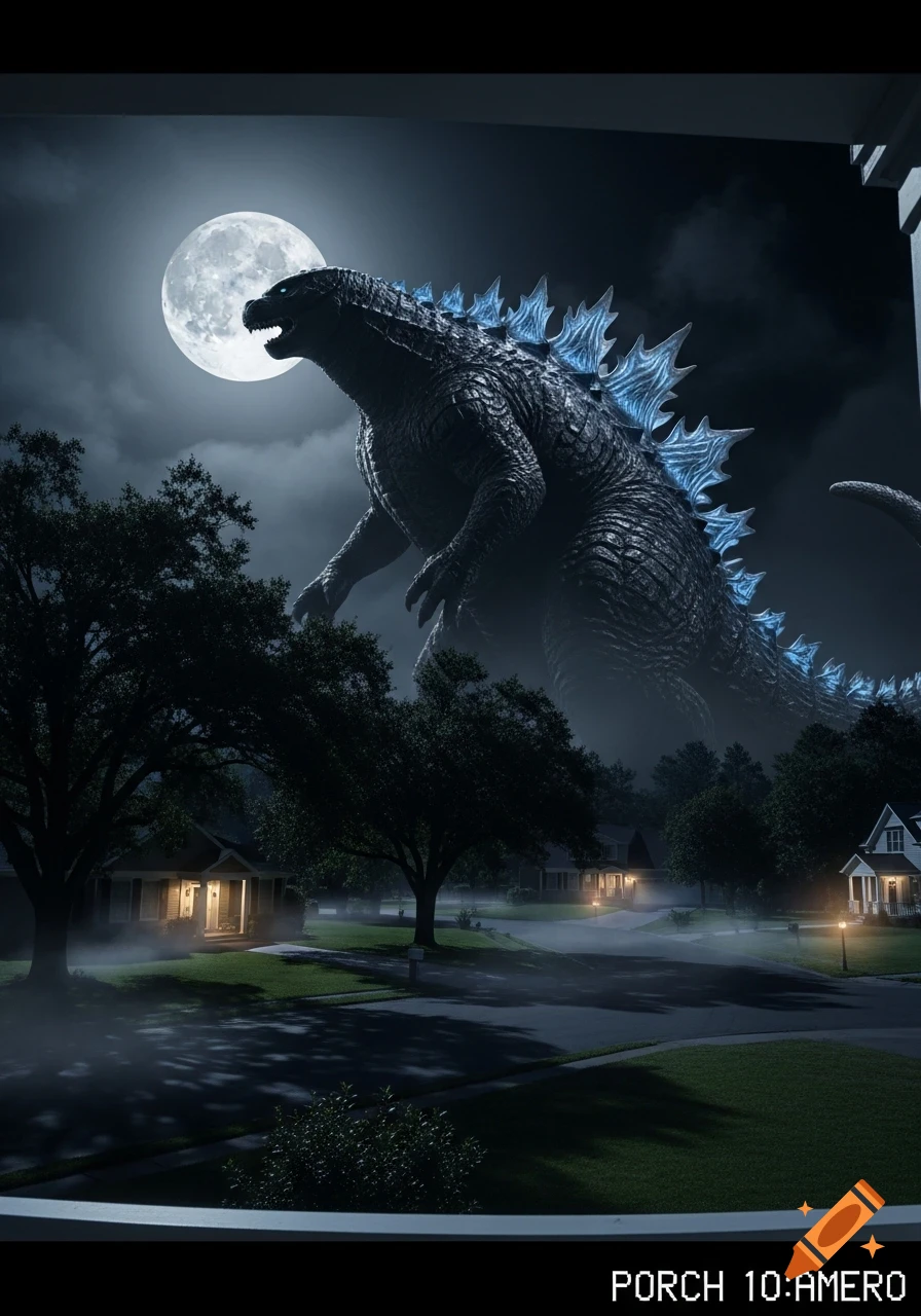 A giant Godzilla with glowing blue fins looms over a dark suburban neighborhood at night, with a bright full moon behind it, viewed from a porch.