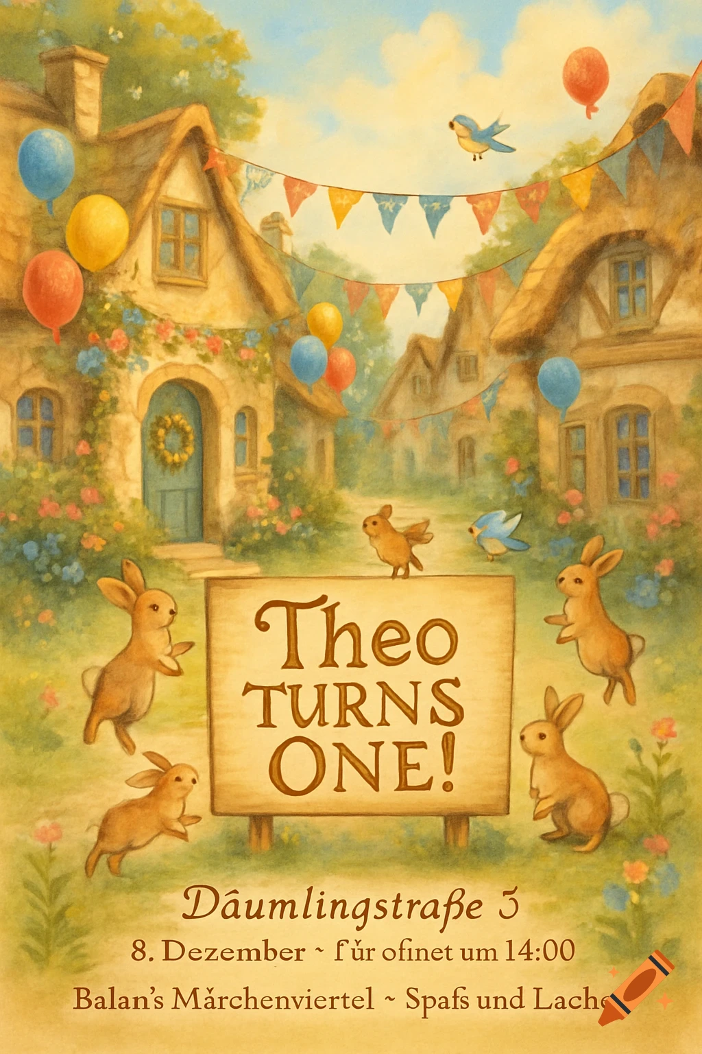 Watercolor illustration of a whimsical village with houses, balloons, and playful bunnies surrounding a sign that reads "Theo TURNS ONE!"