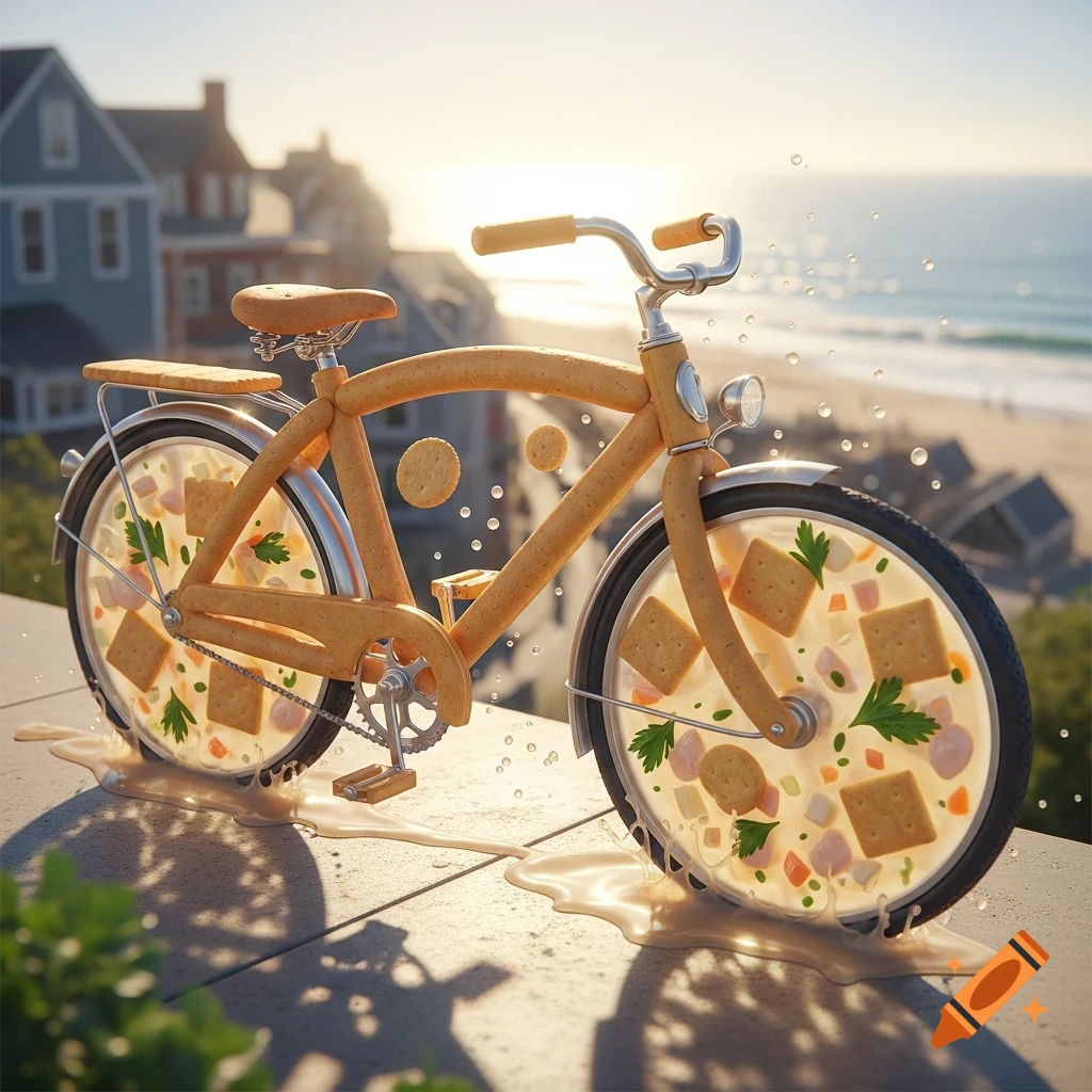 A photorealistic image of a bicycle made of crackers with wheels filled with clam chowder, spilling onto a patio overlooking a sunny beach.