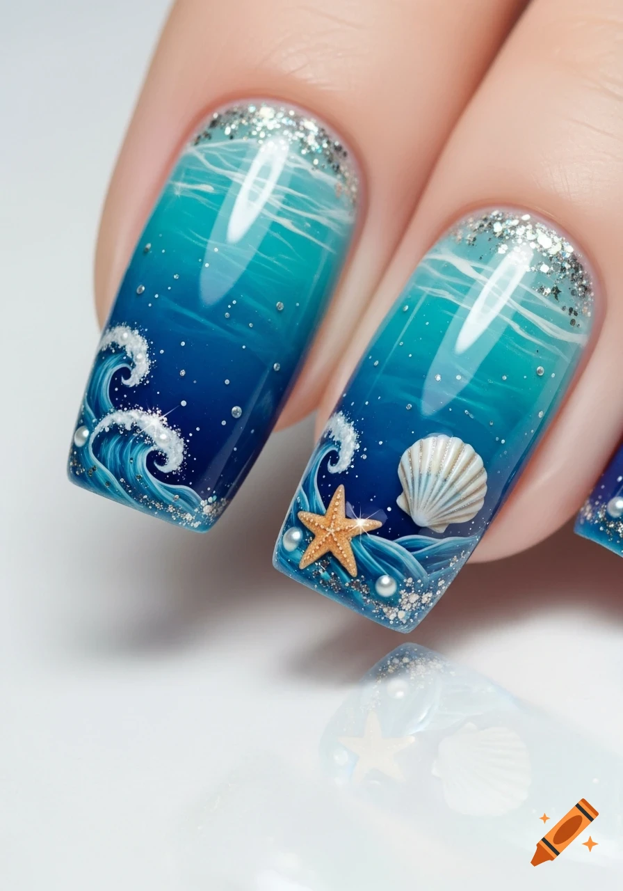 Close-up of three manicured fingernails with an ocean theme. They feature blue waves, a starfish, a seashell, pearls, and silver glitter.