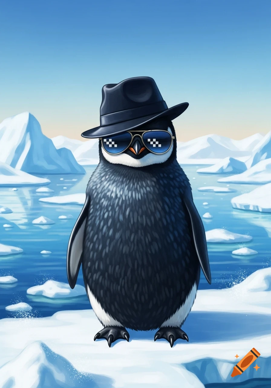 A cartoon penguin wearing a black fedora and pixelated sunglasses stands on an ice floe in an arctic landscape.