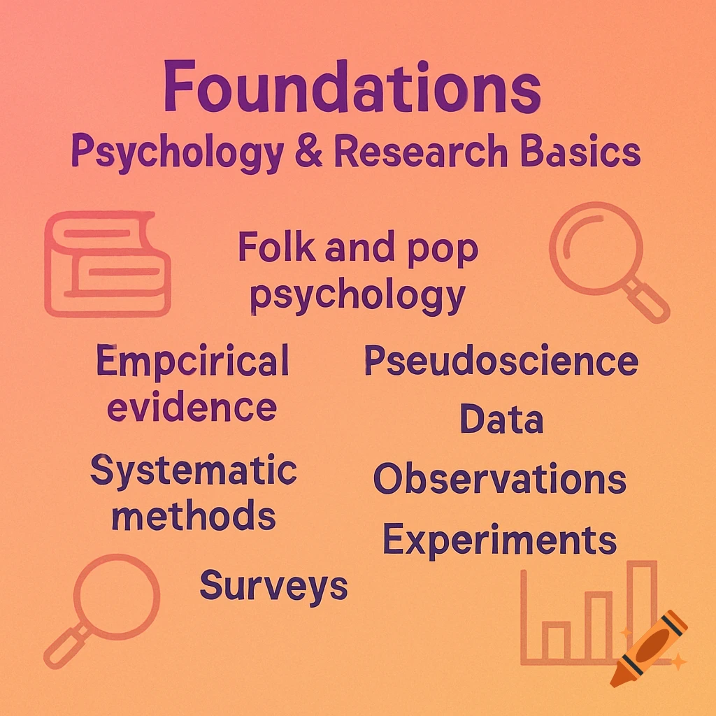 An educational infographic titled "Foundations Psychology & Research Basics" on a pink and orange gradient background, listing terms like Folk and pop psychology, Pseudoscience, Data, and more, with subtle icons like books, magnifying glasses, and charts.