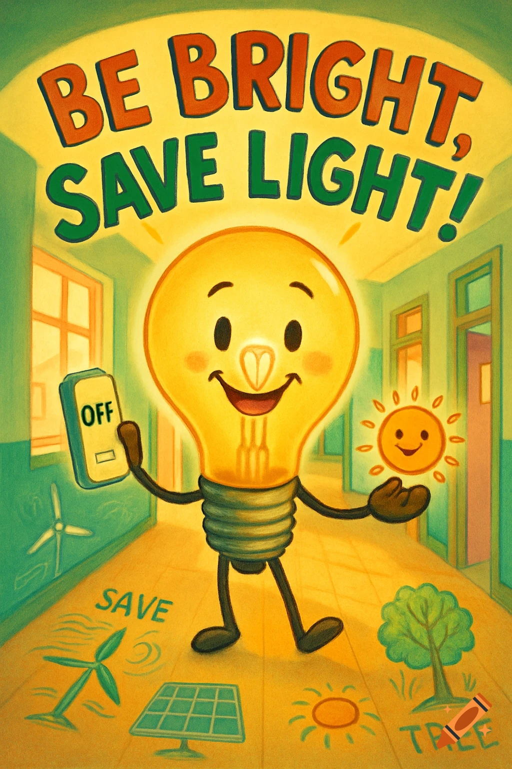 A cartoon lightbulb character holding an "OFF" switch and a smiling sun, in a school hallway with the text "BE BRIGHT, SAVE LIGHT!"