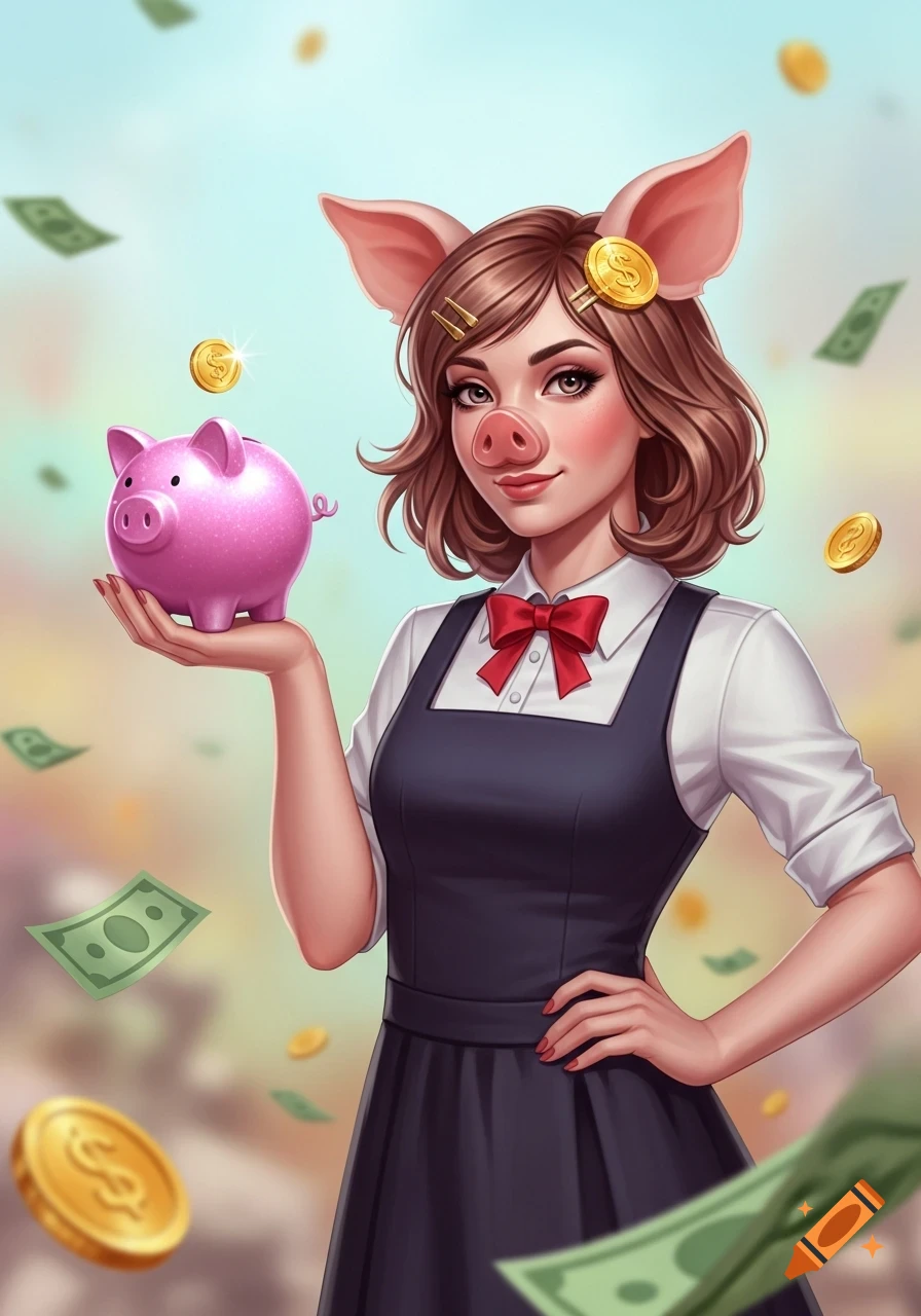 An illustrated woman with pig ears and nose holds a pink piggy bank, surrounded by falling money and coins.