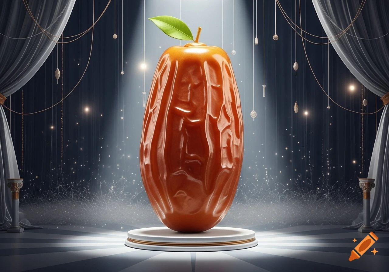 A large, stylized brown date fruit with a green leaf on top, spotlighted on a white podium against a dark, sparkling theatrical stage.