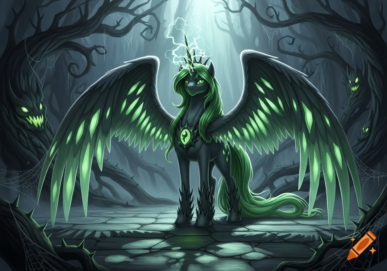 Queen Chrysalis, a dark pony-like creature with glowing green wings and mane, in a spooky forest with glowing-eyed trees.