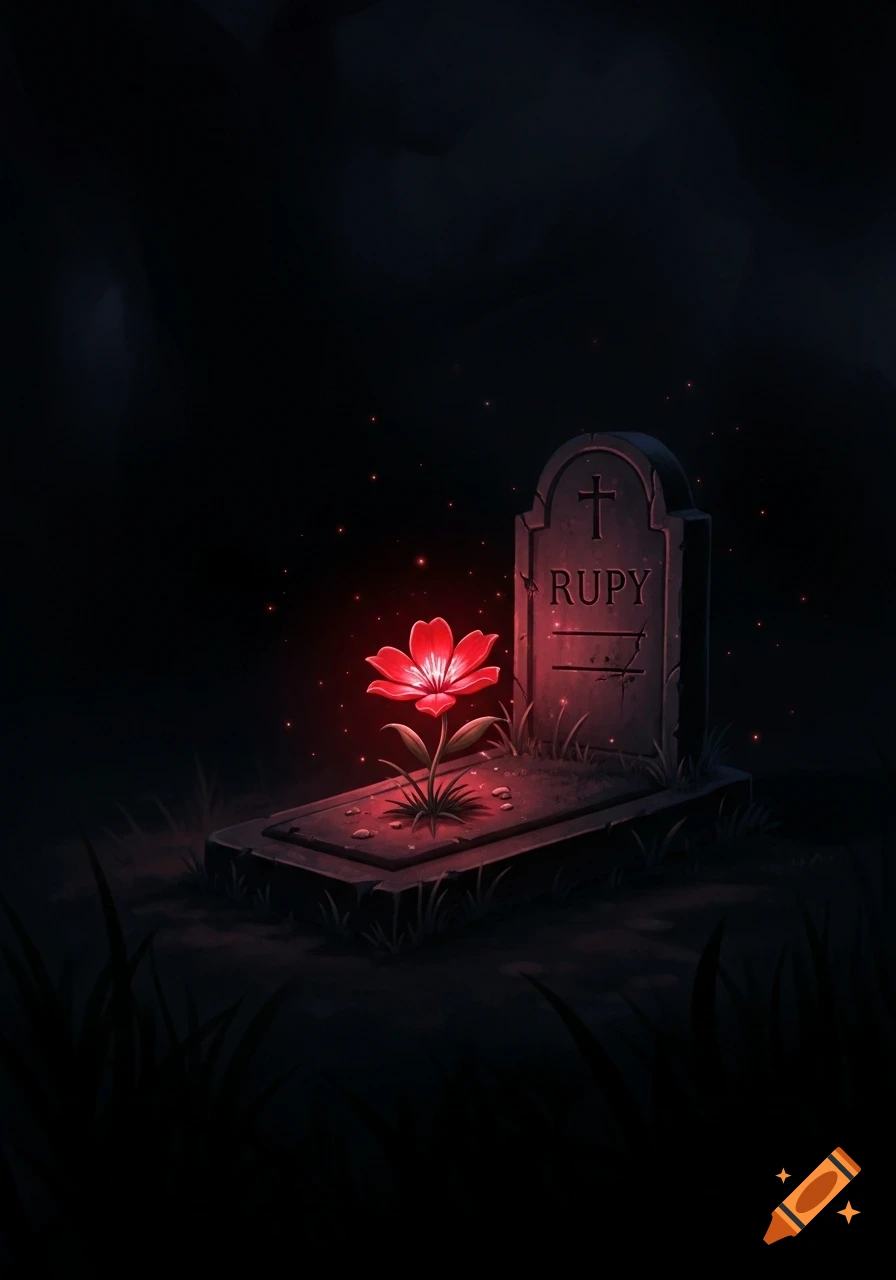 An illustrative image of a glowing red flower on a tombstone marked "RUPY" in a dark, star-dusted graveyard.