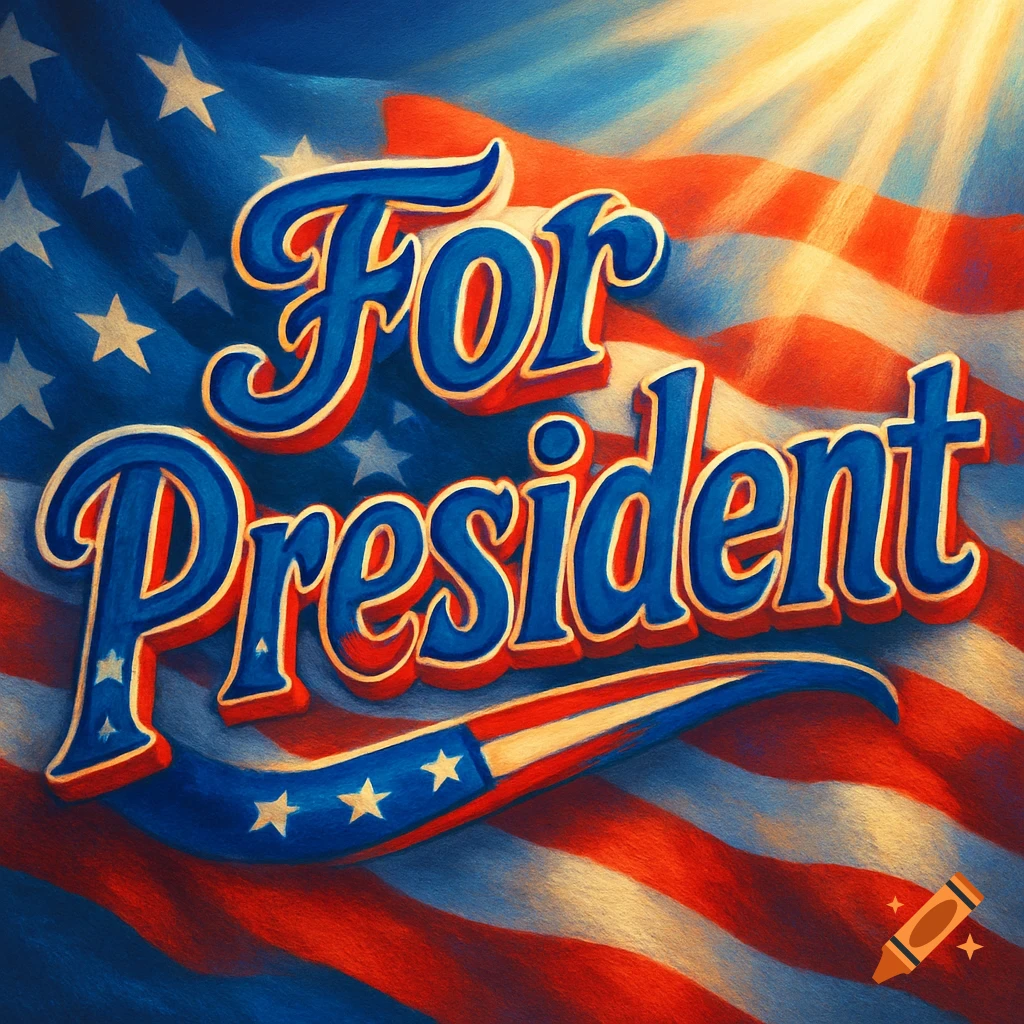 Stylized text 'For President' in red and blue on a waving American flag with sunbeams.