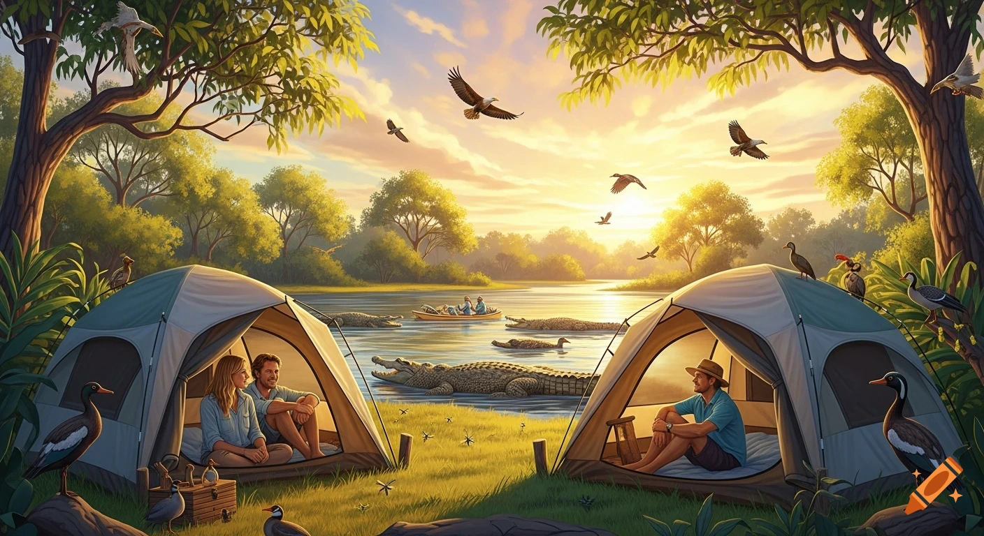 A vibrant, painterly scene of two tents by a river at sunset, with a couple in one and a man in the other. Crocodiles swim in the river, and various birds fly or perch among lush trees in a golden-lit landscape.