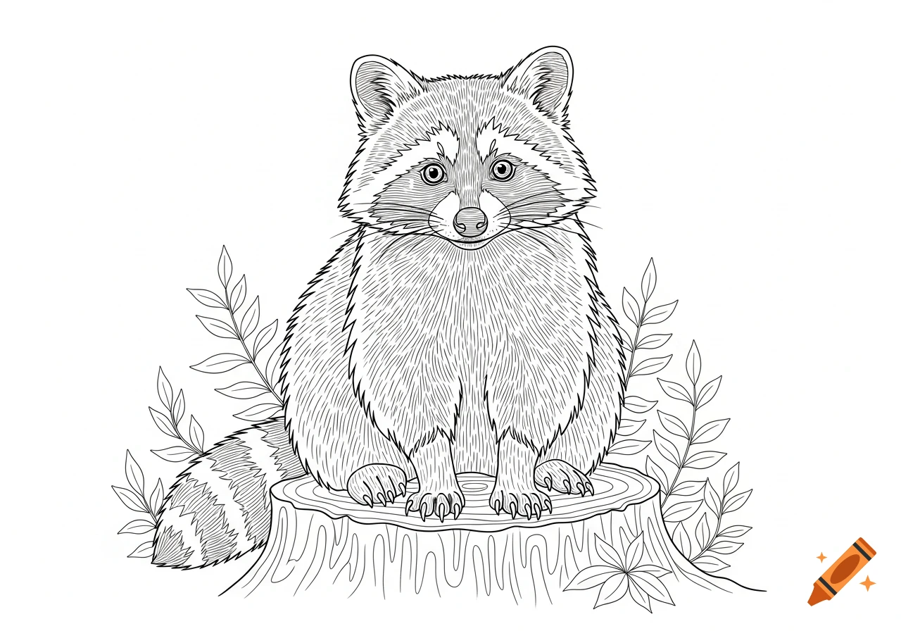Line art drawing of a raccoon sitting on a tree stump with leaves.