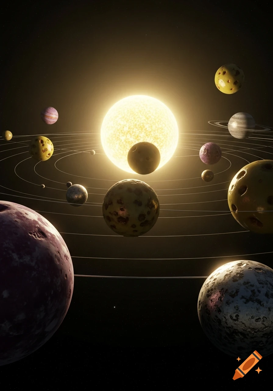 A glowing yellow sun at the center of a solar system, orbited by multiple planets and smaller celestial bodies on concentric rings.