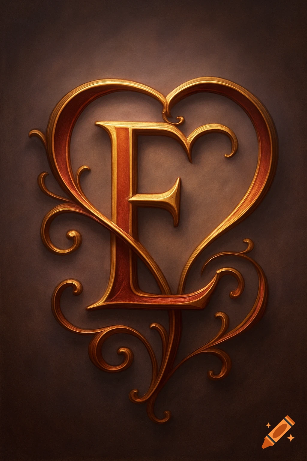 Ornate gold and red calligraphic uppercase letter E intertwined with a heart, on a dark brown textured background.