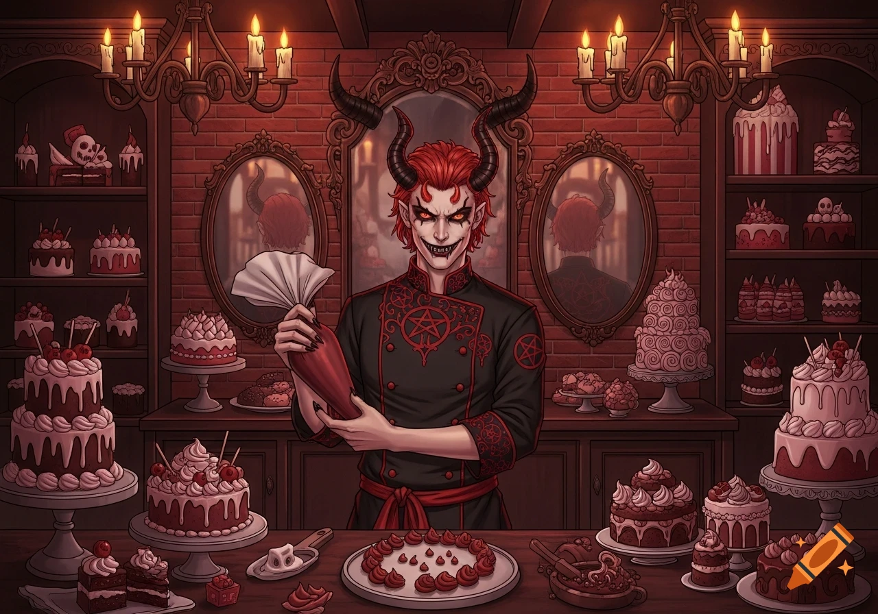 A red-haired, horned devilish baker with sharp teeth smiles, holding a piping bag in a gothic bakery full of decorated cakes.