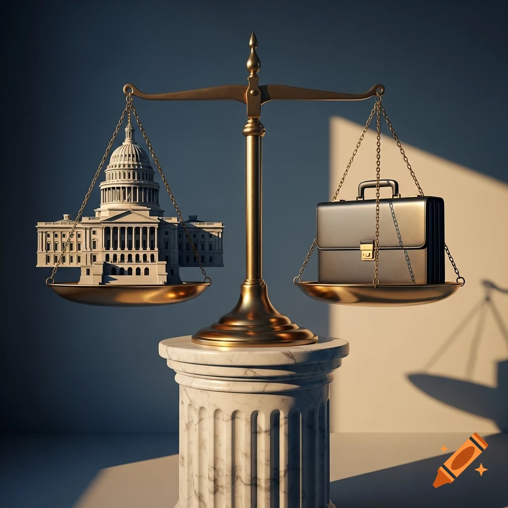 A bronze scale balancing a capitol building and a briefcase on a marble pedestal, representing law and business.