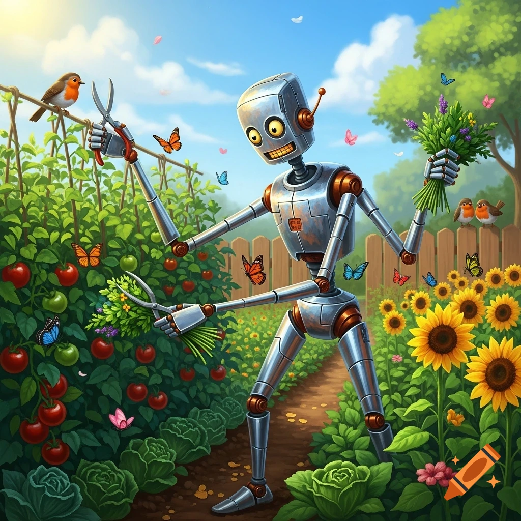 A friendly robot with long arms gardens in a vibrant cartoon style, surrounded by tomatoes, sunflowers, butterflies, and birds.