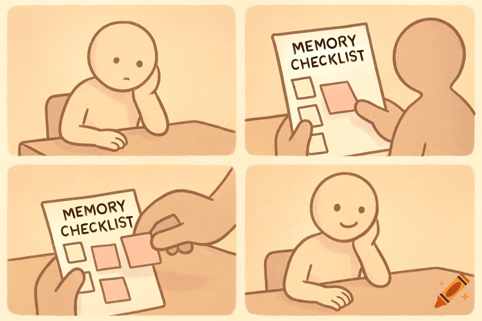 A four-panel comic in a calm, illustrated style. A confused person looks at a 'MEMORY CHECKLIST' with help, then smiles after checking off items.