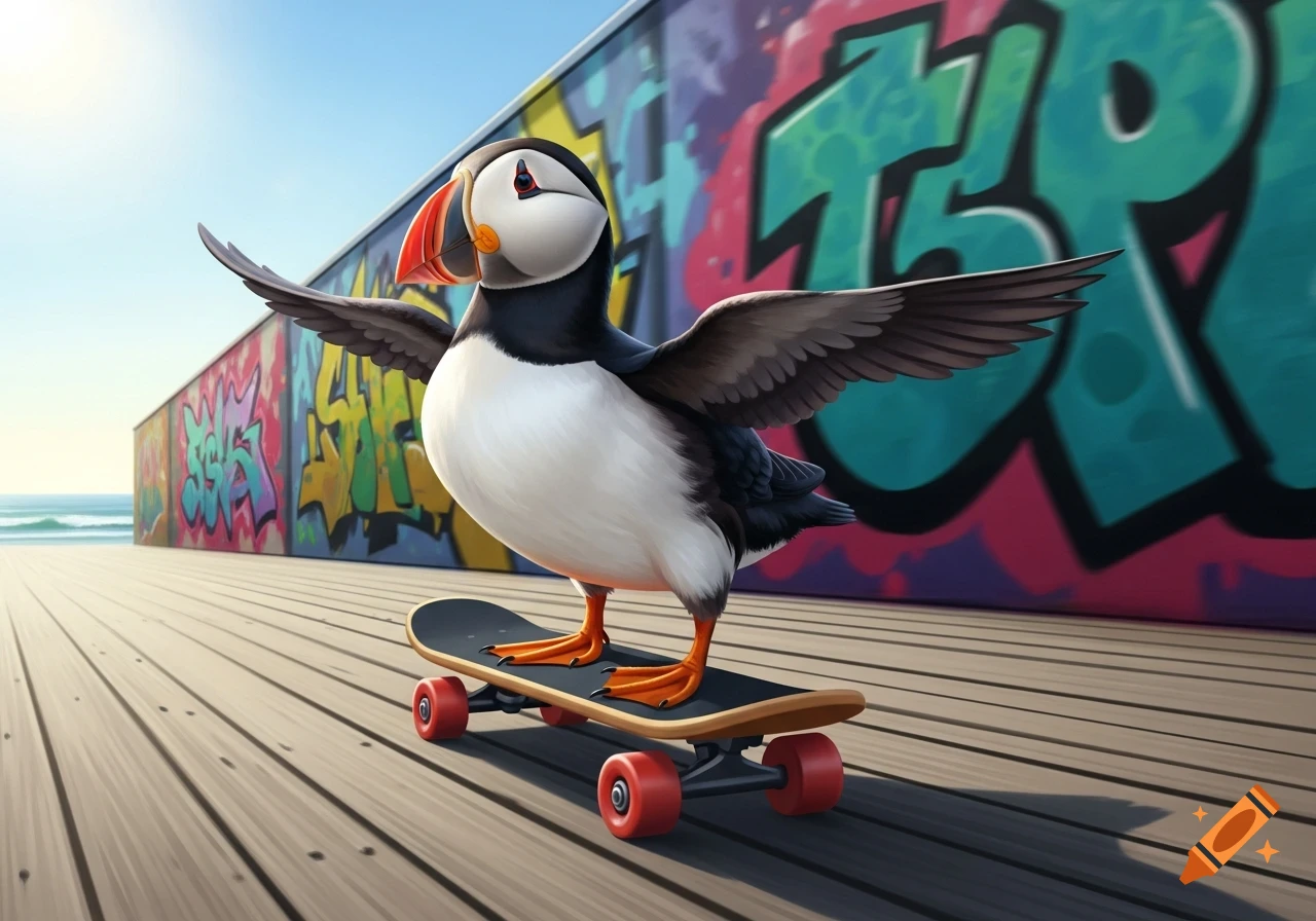 A stylized puffin balancing on a skateboard on a boardwalk with colorful graffiti and the ocean in the background.