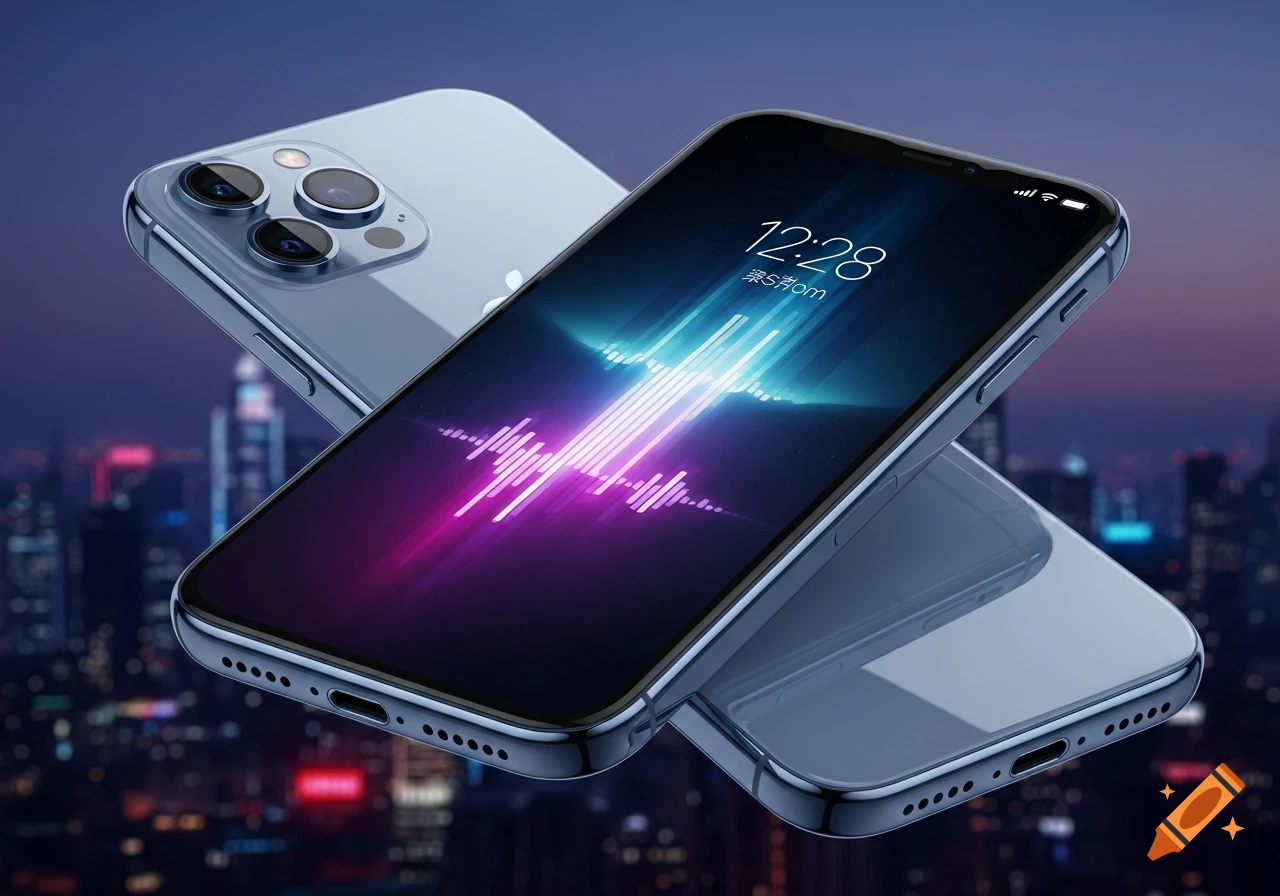 A realistic render of a blue iPhone 13 Pro floating above a blurred city skyline at dusk, with a vibrant audio waveform on its screen.