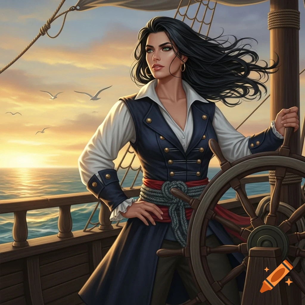 A digitally painted woman pirate with black hair and green eyes steers a ship at sunset on the open sea.