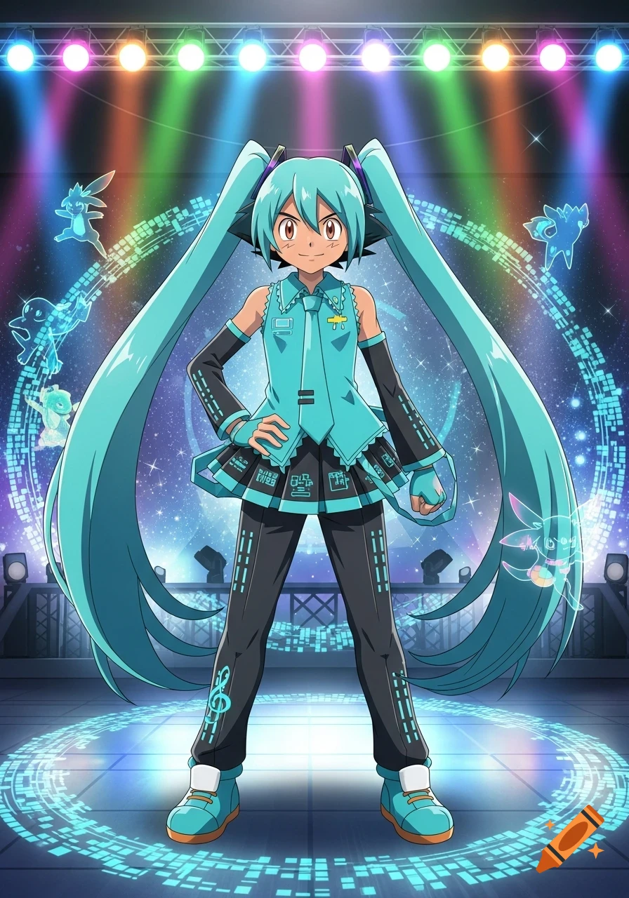 Ash Ketchum dressed as Hatsune Miku, standing on a stage with glowing digital patterns and holographic Pokemon, under colorful spotlights.