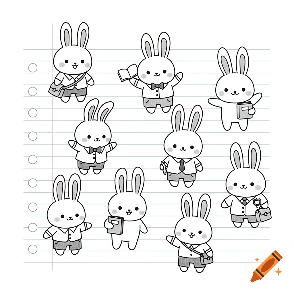 Multiple cute cartoon bunnies dressed as students, some with books and bags, doodled on lined notebook paper.