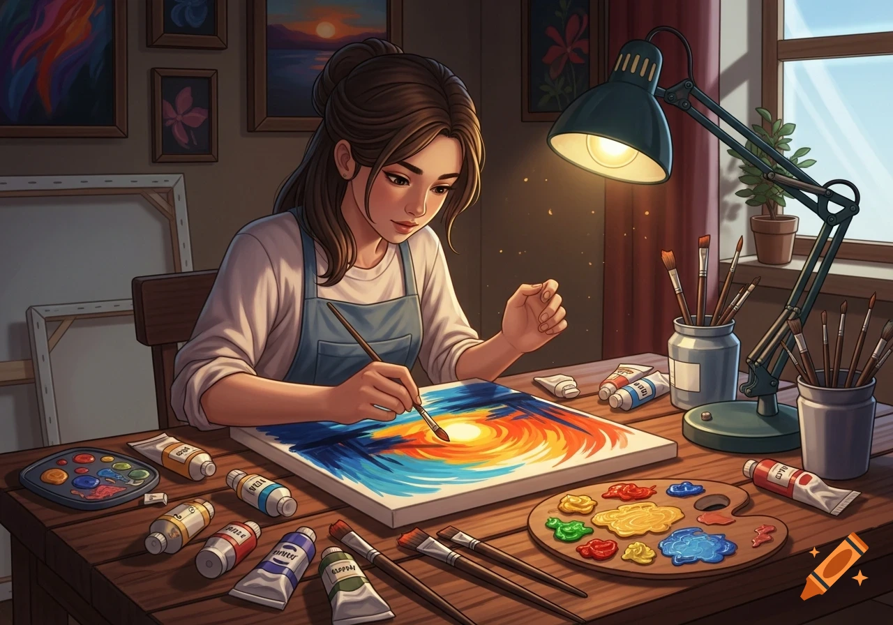 A young woman in an apron intently paints a vibrant sunset on a canvas, surrounded by art supplies in a sunlit studio.