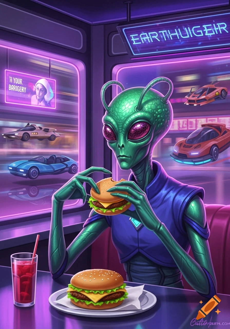 Green alien with large eyes eating a burger at a neon-lit futuristic diner with flying cars outside. Illustrated style.