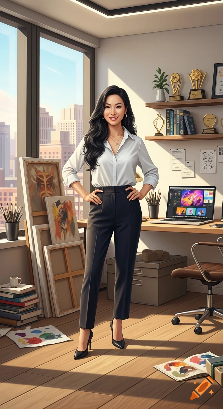 A smiling woman with long black hair, dressed in a white shirt and black pants, stands confidently in a sunlit art studio with canvases, art supplies, and a laptop.
