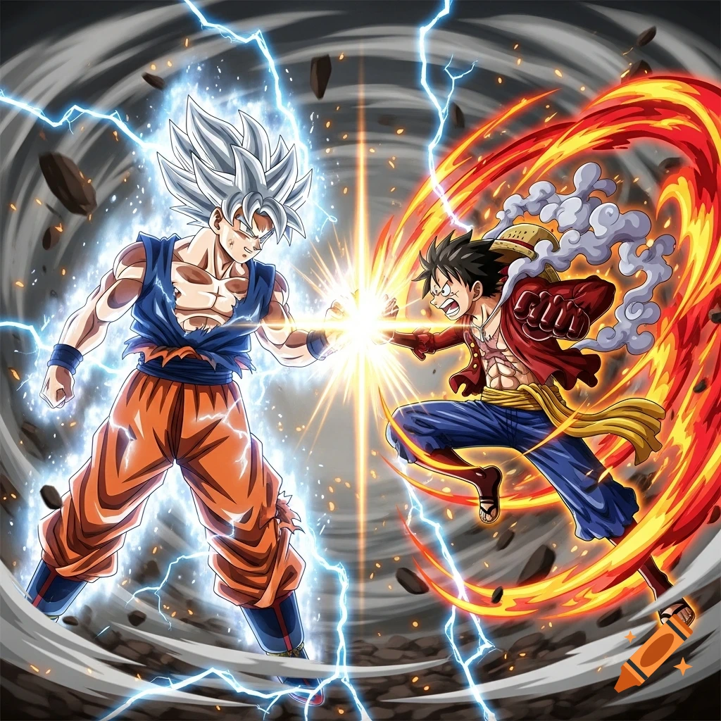 Goku in Ultra Instinct form and Luffy in Gear Fourth clash in an anime-style battle, surrounded by lightning and flames.