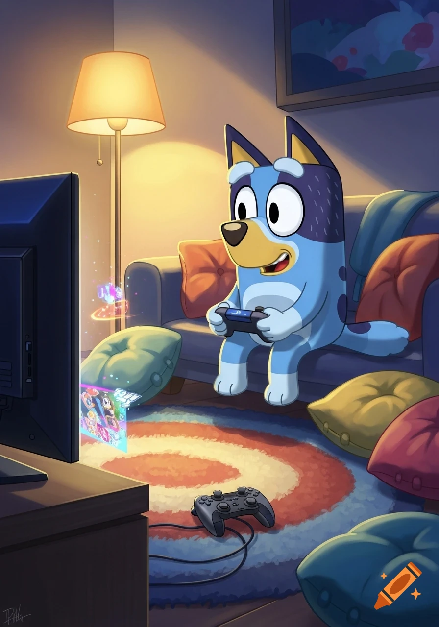 Bluey, a blue cartoon dog, sits on a couch playing a video game on a console, watching a holographic screen in a living room.