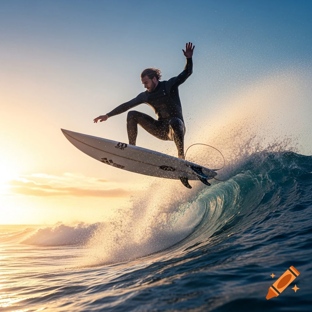 Male surfer in a wetsuit airborne on a surfboard over a large wave, with a dramatic sunset in the background.