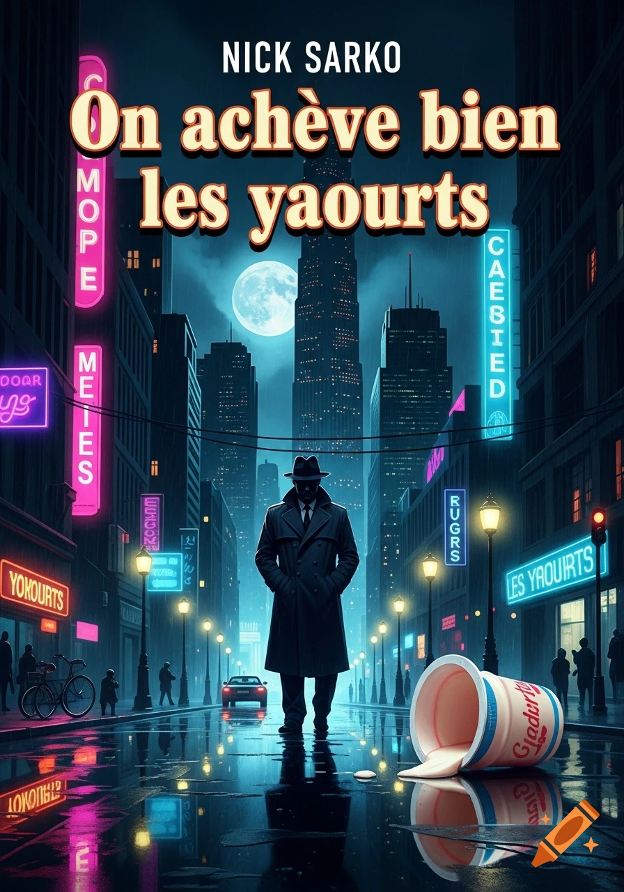 A man in a trench coat and fedora stands on a wet city street at night under a full moon, with neon signs and a spilled yogurt cup in the foreground. It is a dark pulp fiction style book cover.