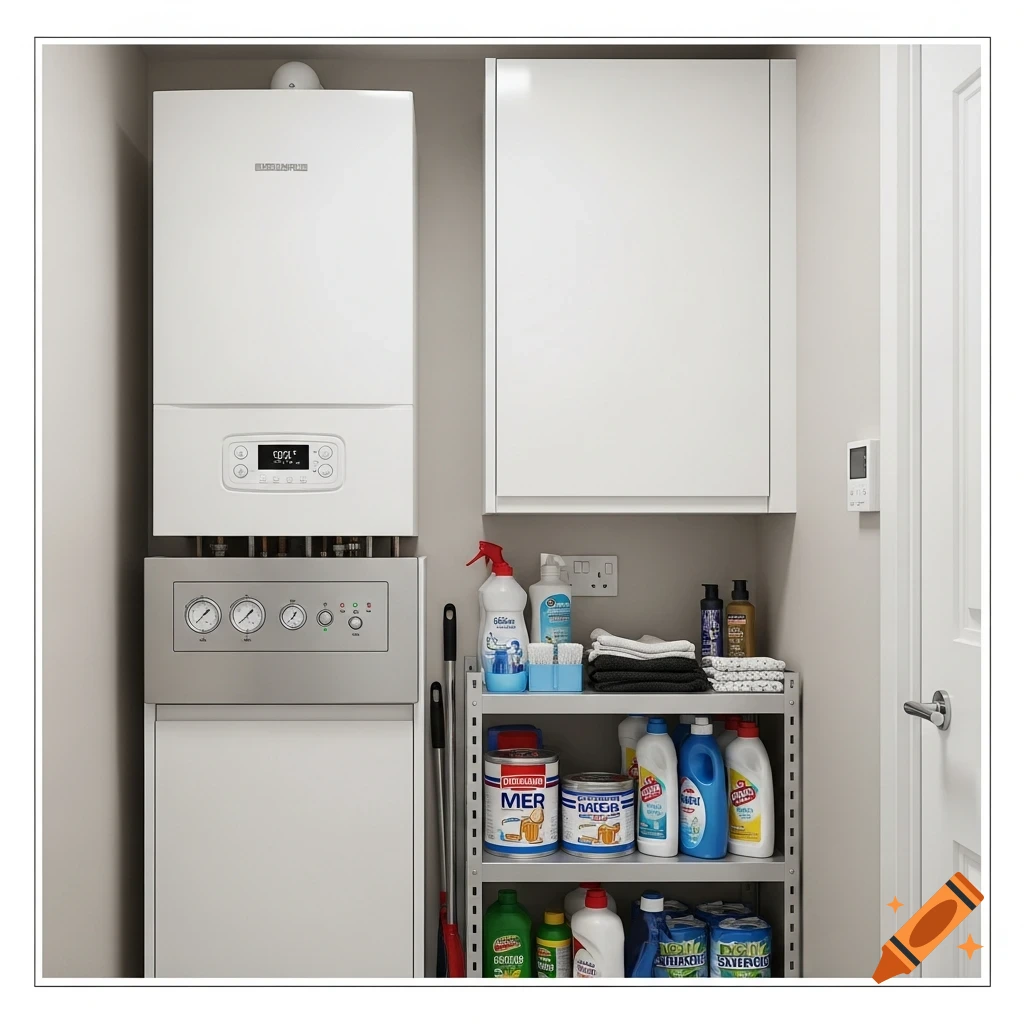 A compact utility room with a white wall-mounted boiler, a cabinet, and shelves stocked with cleaning supplies and products.