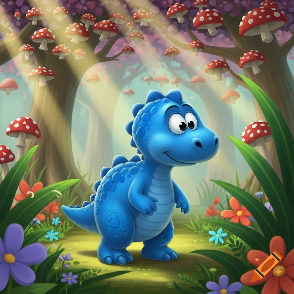 A cute blue cartoon dinosaur with big eyes smiles in a magical forest filled with red and white spotted mushrooms and colorful flowers.