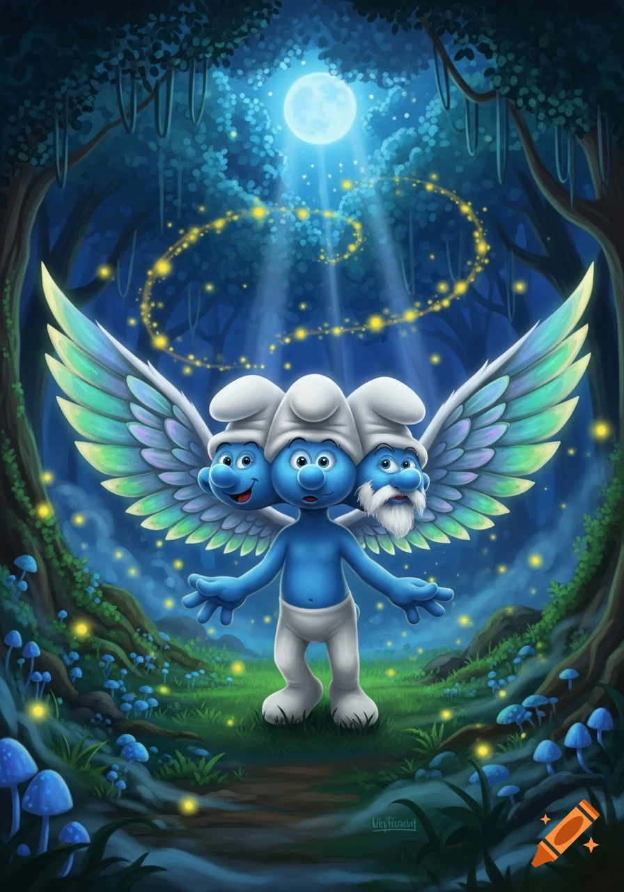 A three-headed, winged Smurf with outstretched arms in a magical moonlit forest with glowing mushrooms and fireflies.