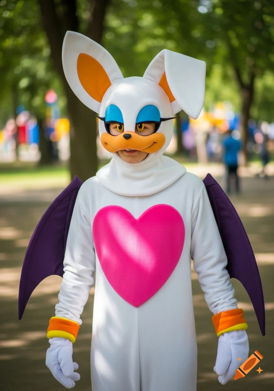 A person in a white, orange, and purple Rouge the Bat fursuit stands outdoors in a park.