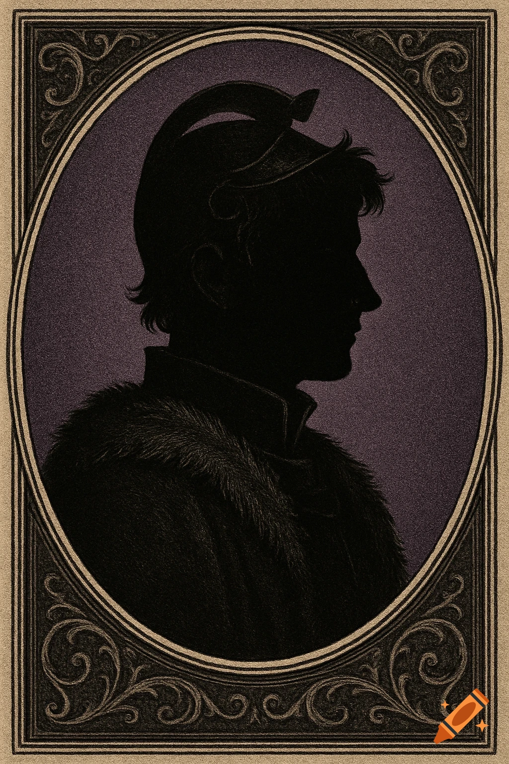 Black silhouette of a noble warrior in profile, with a fur-lined cape and helmet, in an ornate Victorian frame against purple.