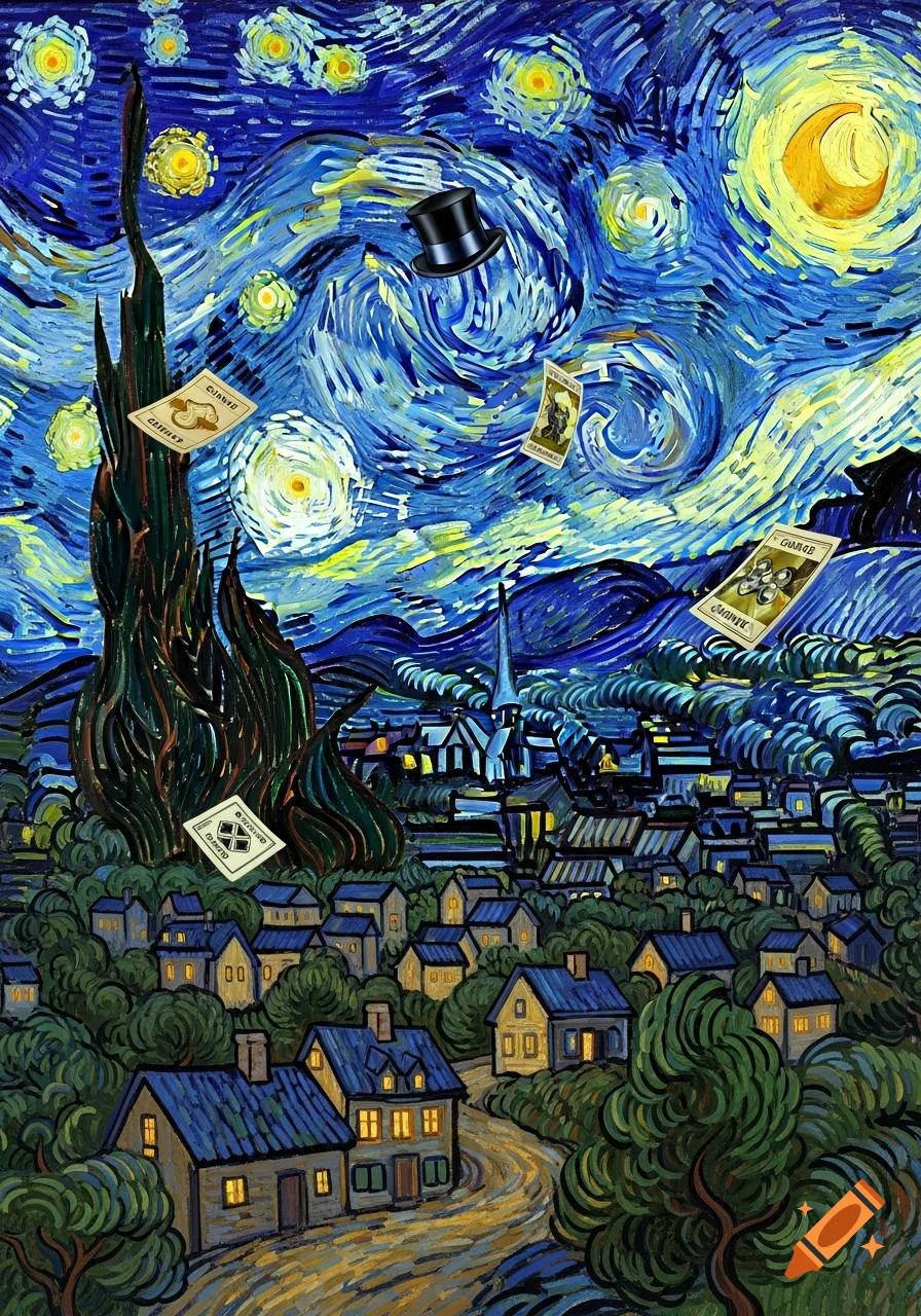 Van Gogh's Starry Night style painting with a village, cypress tree, swirling sky, a floating top hat, and game cards.
