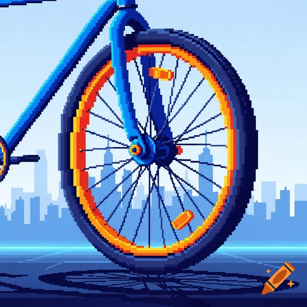 A close-up pixel art illustration of a blue bicycle's front wheel with an orange rim against a blue cityscape background.