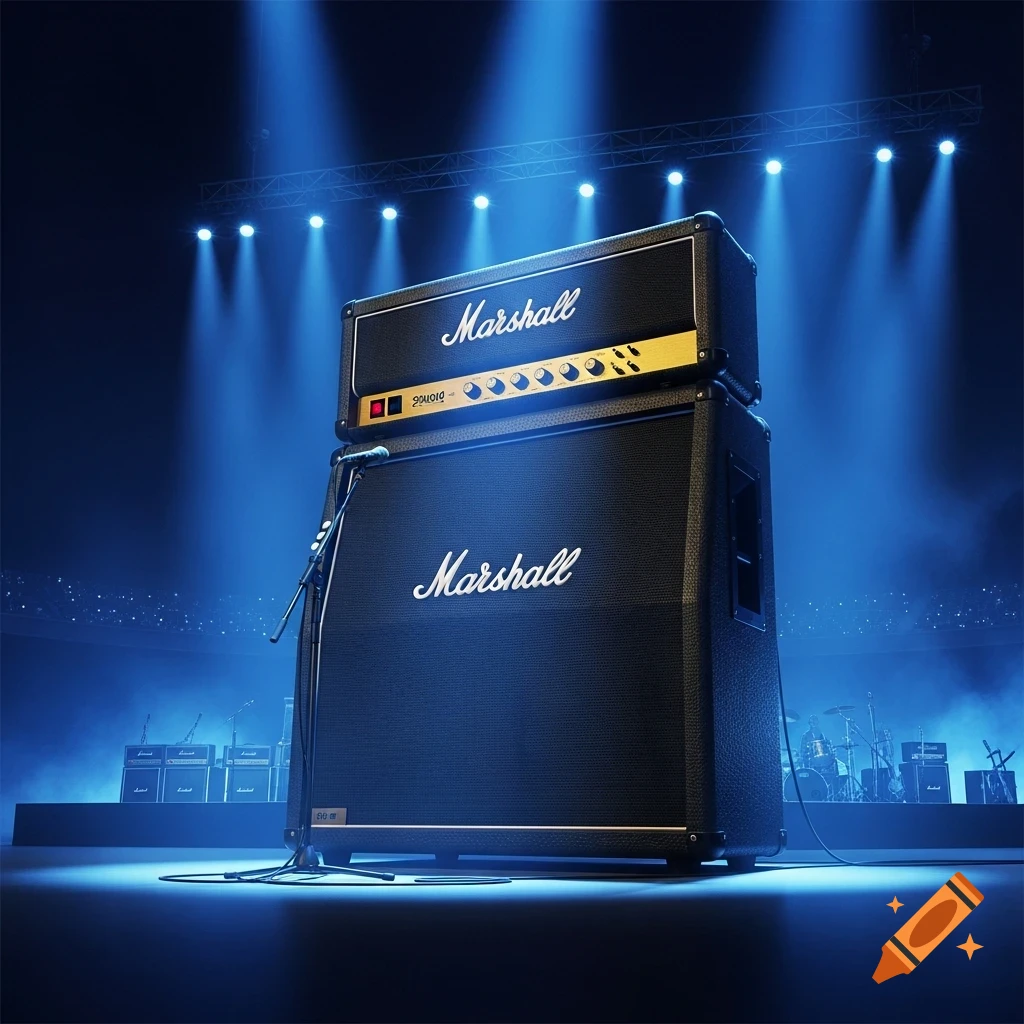 A large Marshall amplifier stack on a dark concert stage, illuminated by dramatic blue spotlights.