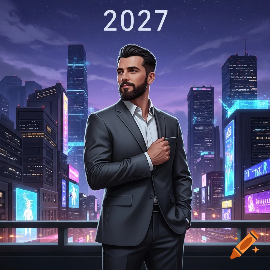 A bearded man in a dark suit stands on a balcony overlooking a futuristic cityscape at night, with '2027' floating above.