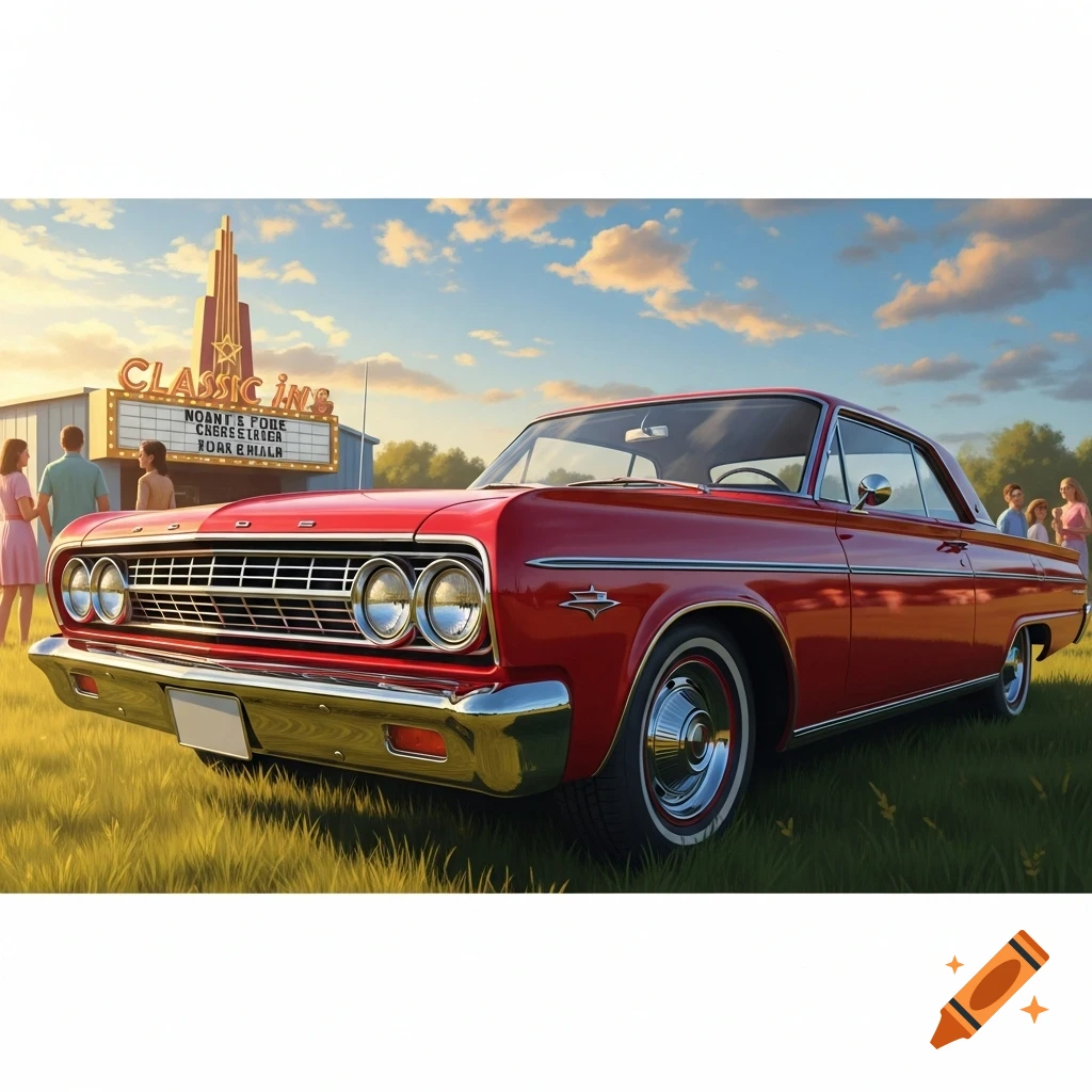 A shiny red classic car parked on grass in front of a "CLASSIC INC" drive-in movie theater marquee under a blue sky with clouds. People stand near the entrance.