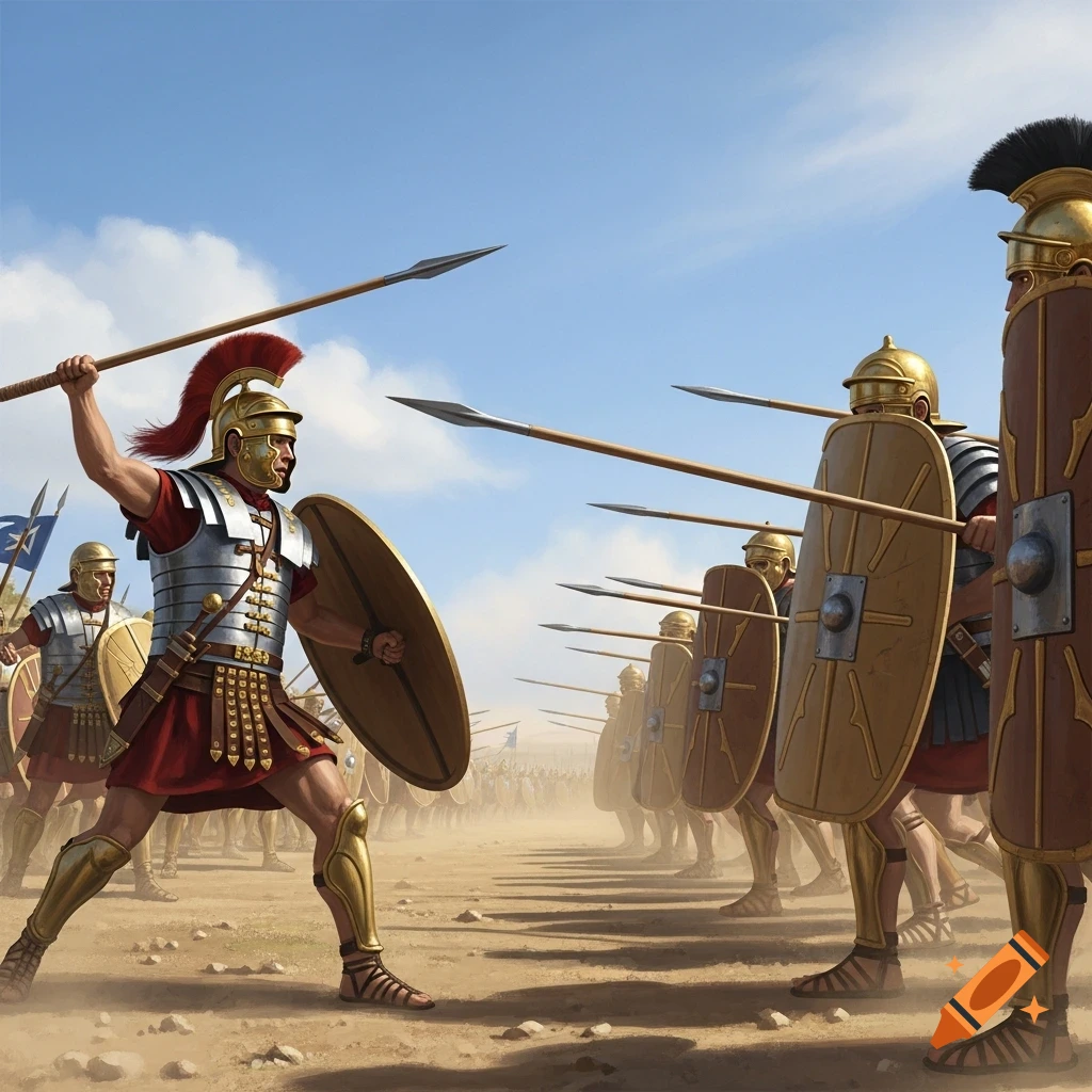 Roman legionaries throw javelins at a line of shielded soldiers in a dusty battlefield under a blue sky, in a photorealistic style.