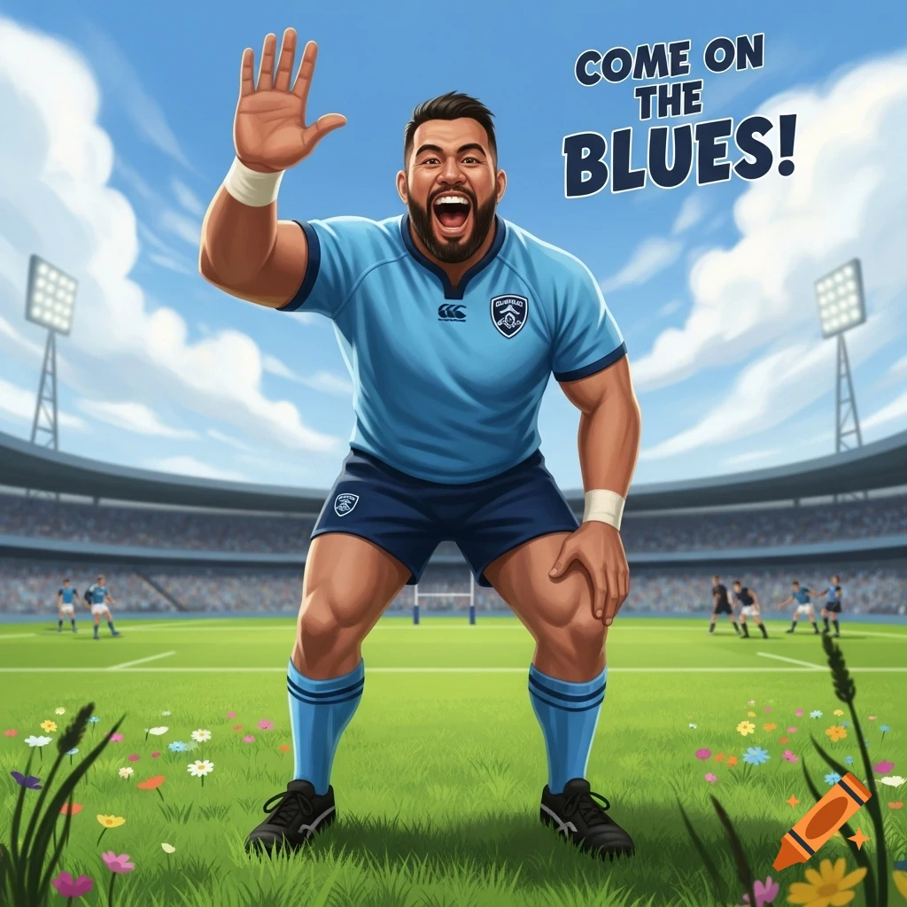 A muscular cartoon rugby player in a blue uniform cheers with one hand raised on a green stadium pitch, with text 'COME ON THE BLUES!' above.