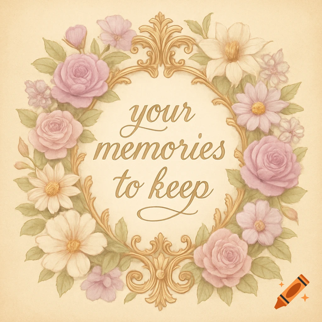 Vintage ornate gold floral frame with purple and white flowers and green leaves, enclosing the text 'your memories to keep'.