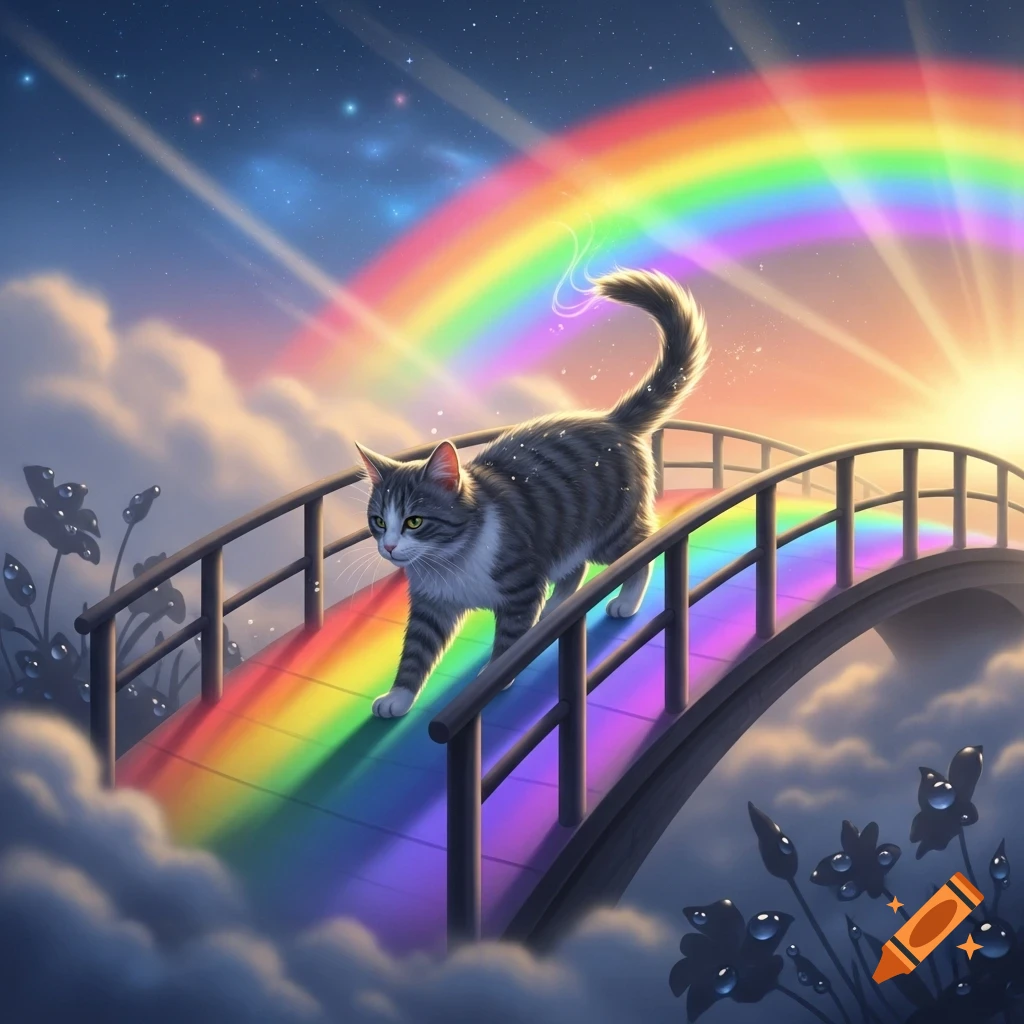 A grey and white tabby cat walks across a vibrant rainbow bridge in a starry sky, surrounded by clouds.