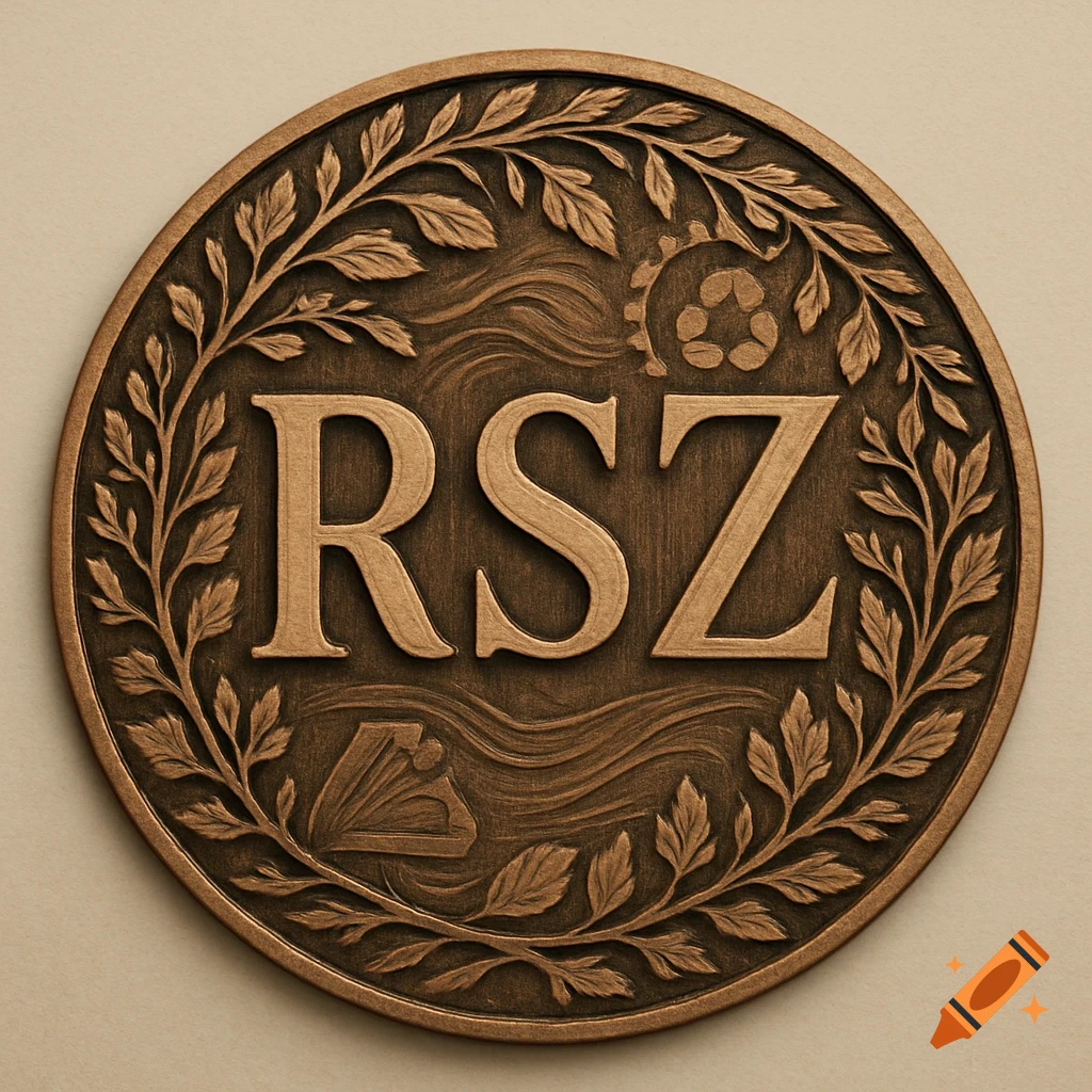 Bronze medallion featuring 'RSZ' text surrounded by a wreath of leaves, waves, a recycling symbol, and an industrial icon.